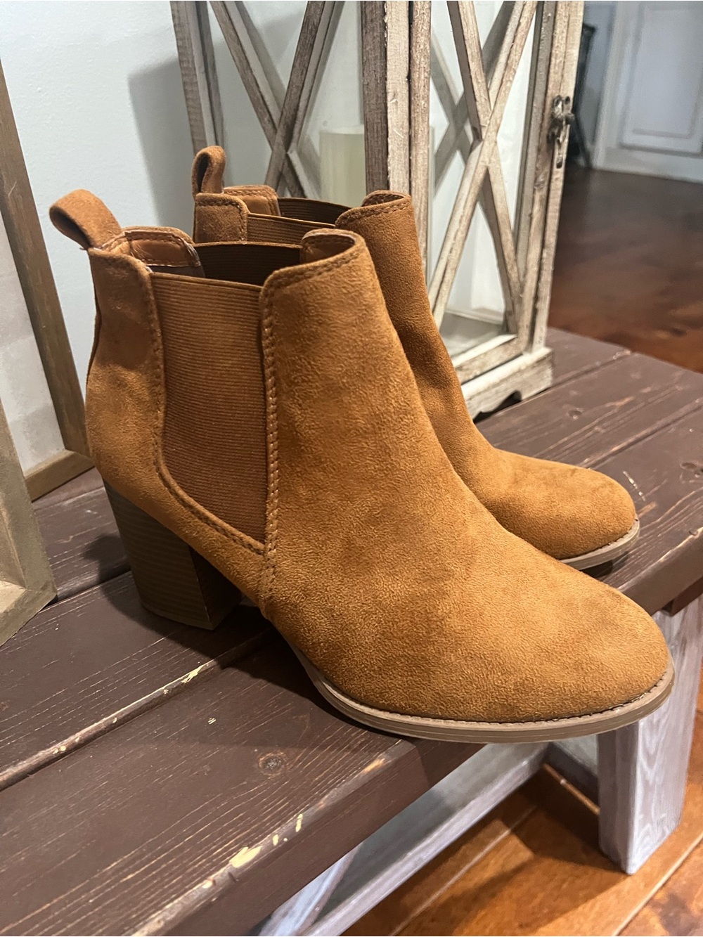 Soda Tan Suede Chelsea Ankle Booties with Block Heel